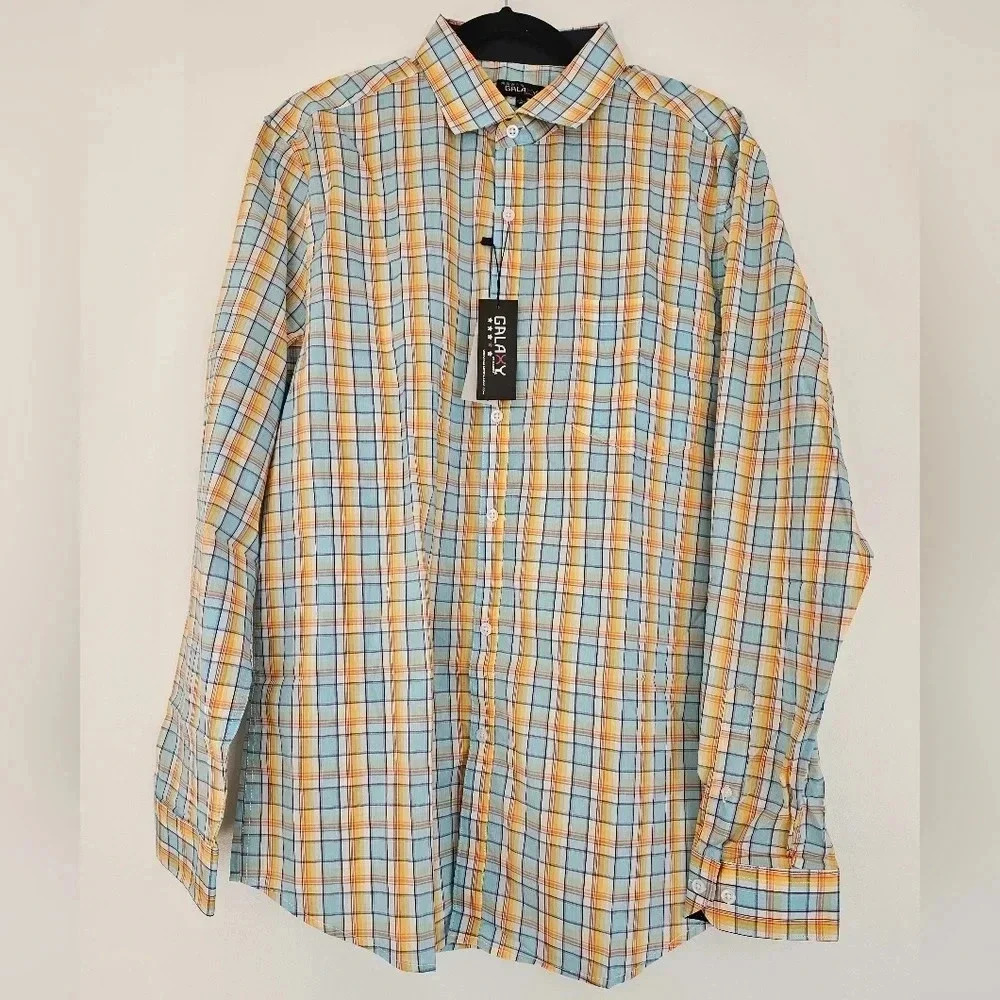 GALAXY Mens Plaid Long Sleeve Button Up Blue Yellow Orange Casual‎ Size L NWT